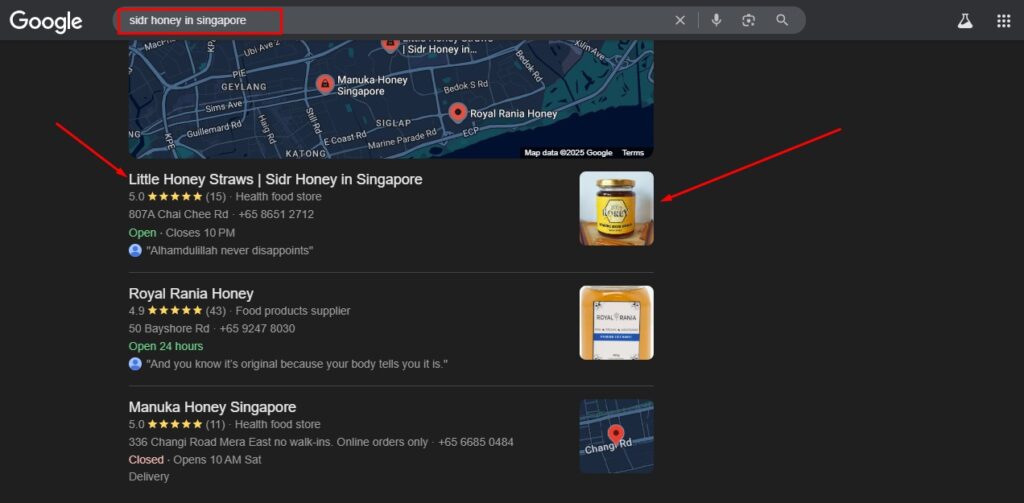 Google Maps local pack search results for honey in Singapore, highlighting the business listing for Little Honey Straws with a red arrow pointing to the product image.