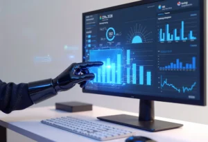 AI-powered robotic hand interacting with a digital analytics dashboard on a computer monitor showing graphs and data trends.