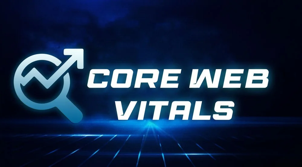 Core Web Vitals Optimization concept with magnifying glass and growth arrow icon on a digital blue background