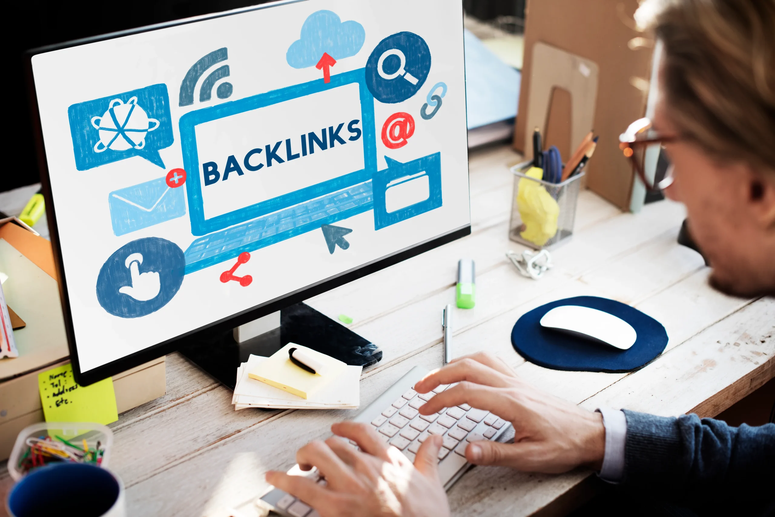 Person working on a computer with a screen showing the word BACKLINKS and SEO-related icons, illustrating backlink strategies.