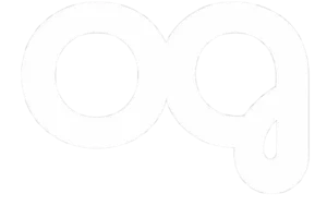 A minimalist white logo featuring the lowercase letters 'o' and 'g' seamlessly joined together in a clean, modern, and rounded typeface.