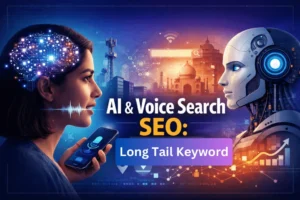 AI & Voice Search SEO illustration showing a person using a smartphone for voice search and AI technology analyzing long-tail keywords.