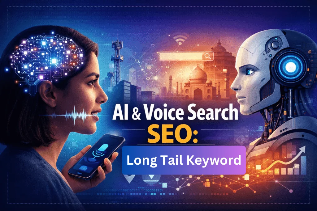 AI & Voice Search SEO illustration showing a person using a smartphone for voice search and AI technology analyzing long-tail keywords.
