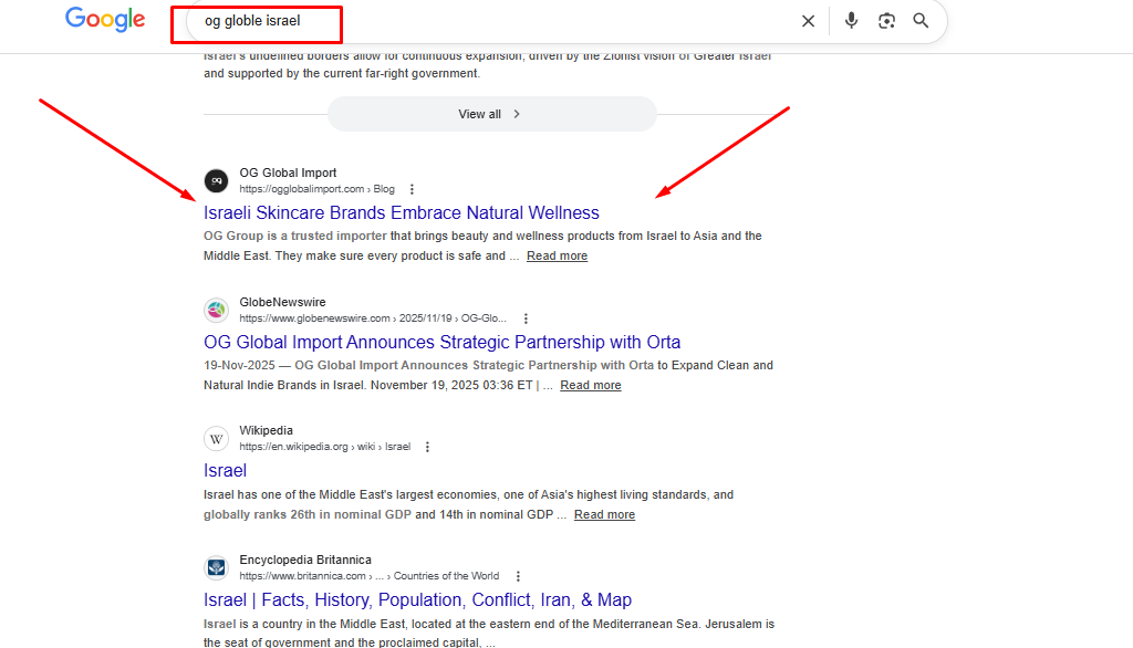 OG Global banner showing strategic distribution services for beauty and wellness brands with products displayed in the background.
