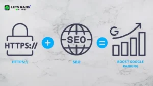 HTTPS plus SEO concept boosting Google ranking with secure website illustration