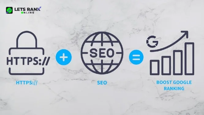 HTTPS plus SEO concept boosting Google ranking with secure website illustration