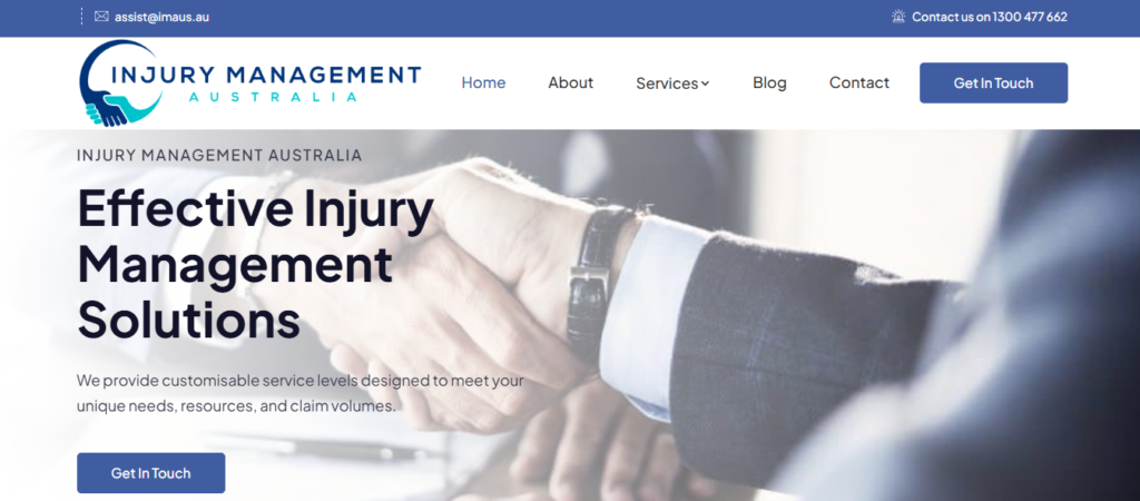 Injury Management Australia website homepage featuring a professional handshake background and the headline Effective Injury Management Solutions.