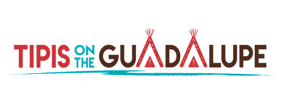 Tipis on the Guadalupe logo featuring rustic tipi icons, bold red and brown typography, and a teal water element representing the Guadalupe River.