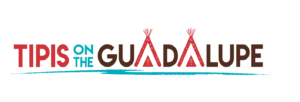Tipis on the Guadalupe logo featuring rustic tipi icons, bold red and brown typography, and a teal water element representing the Guadalupe River.