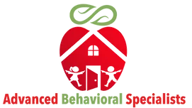 Advanced Behavioral Specialists logo featuring a red apple-shaped house with two children and a green infinity leaf.