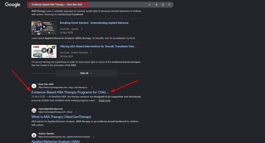 Google search results for evidence-based ABA therapy programs for children by Next Gen ABA.