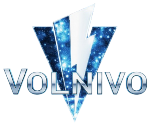 Futuristic VOLNIVO brand logo with metallic silver text and a celestial blue space background inside a V-shaped shield, featuring a white lightning bolt icon.