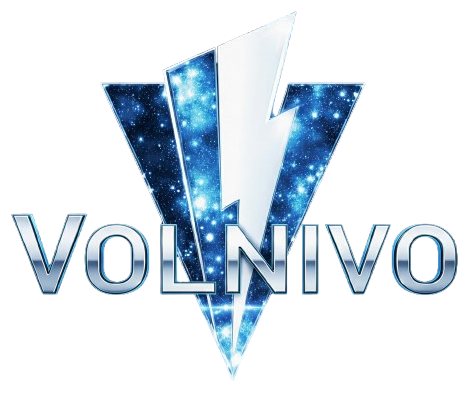 Futuristic VOLNIVO brand logo with metallic silver text and a celestial blue space background inside a V-shaped shield, featuring a white lightning bolt icon.