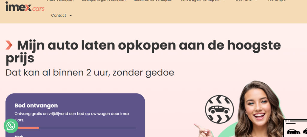 Imex Cars home page showing 'Mijn auto laten opkopen aan de hoogste prijs' service for selling cars quickly within 2 hours in Belgium.
