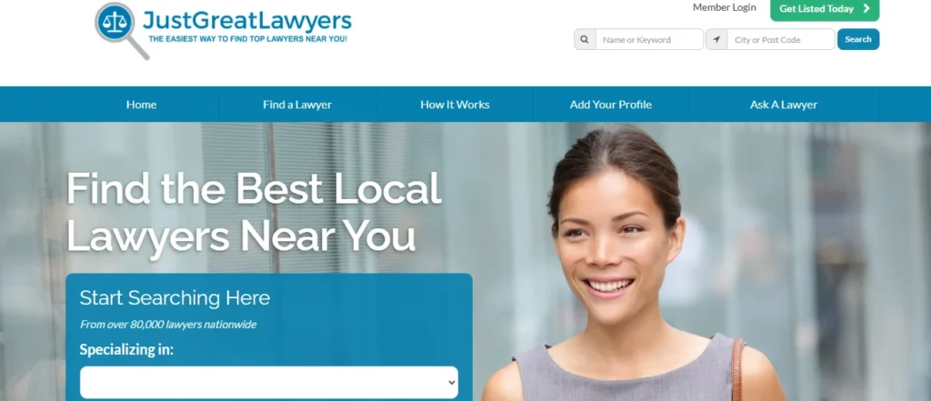 Just Great Lawyers homepage featuring a lawyer search directory to find top local attorneys from over 80,000 legal professionals nationwide.