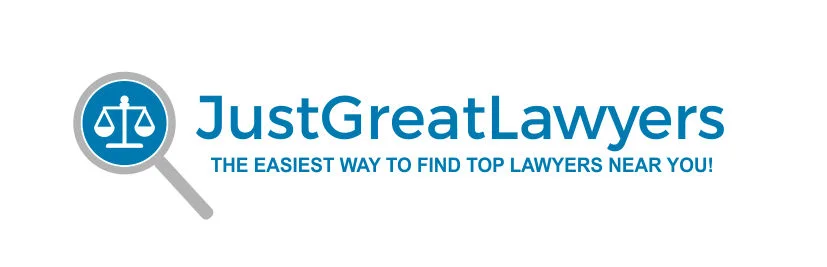 JustGreatLawyers logo featuring a scales of justice icon inside a magnifying glass with the tagline "The easiest way to find top lawyers near you."