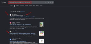 Google Search results for Next Gen ABA therapy clinic locations in Marietta, Atlanta, and Buford Georgia showing gallery and homepage links.