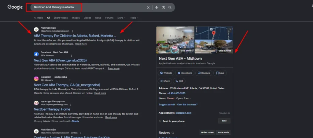 Google search results showing Next Gen ABA Therapy locations in Atlanta, Midtown, and Marietta.