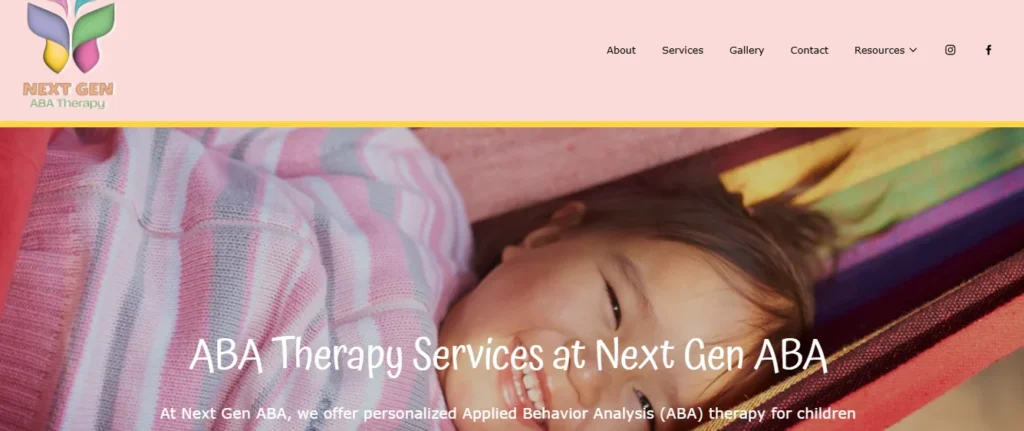 Next Gen ABA Therapy home page banner showing a smiling child and personalized Applied Behavior Analysis services for children.
