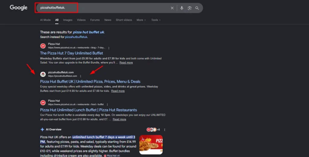Google search results for 'pizzahutbuffetuk' showing the official website for unlimited pizza deals, menu, and prices in the UK.