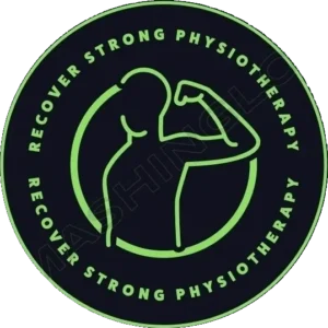 Recover Strong Physiotherapy logo featuring a green outline of a person flexing their arm inside a circular emblem.