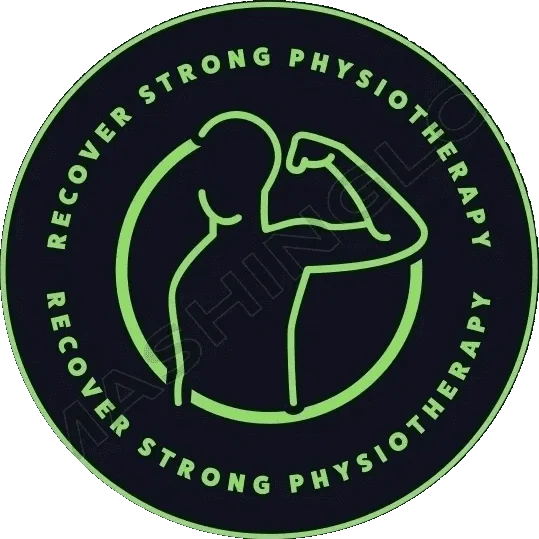 Recover Strong Physiotherapy logo featuring a green outline of a person flexing their arm inside a circular emblem.
