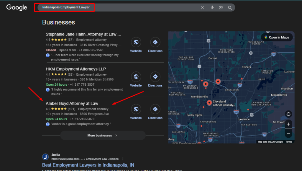 A Google Search results page for 'Indianapolis Employment Lawyer' showing a local business '3-pack' and a map of Indianapolis. The listing for 'Amber Boyd Attorney at Law' is highlighted, showing a 4.6-star rating with 101 reviews, 10+ years in business, and a 24-hour service status