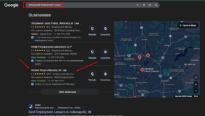 A Google Search results page for 'Indianapolis Employment Lawyer' showing a local business '3-pack' and a map of Indianapolis. The listing for 'Amber Boyd Attorney at Law' is highlighted, showing a 4.6-star rating with 101 reviews, 10+ years in business, and a 24-hour service status