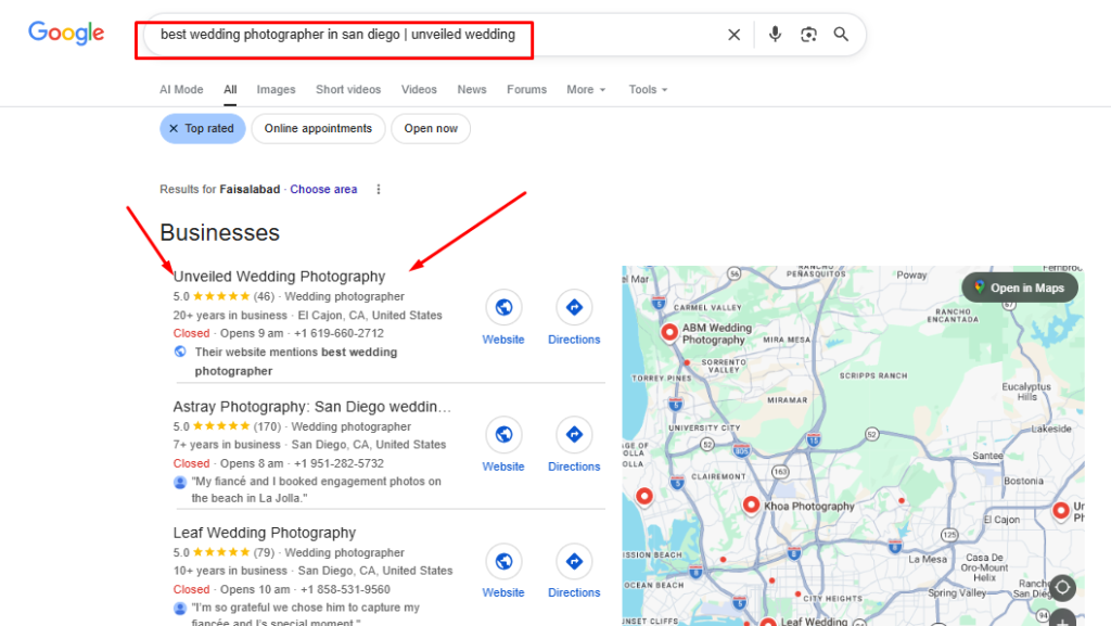 Google search results showing Unveiled Wedding Photography as the top-rated wedding photographer in San Diego.