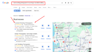 Google search results showing Unveiled Wedding Photography as the top-rated wedding photographer in San Diego.