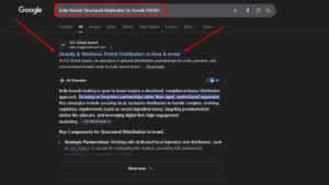 Beauty and wellness brand distribution Israel - Google search snippet for OG Global Import showing AI overview and key components for indie brand growth.