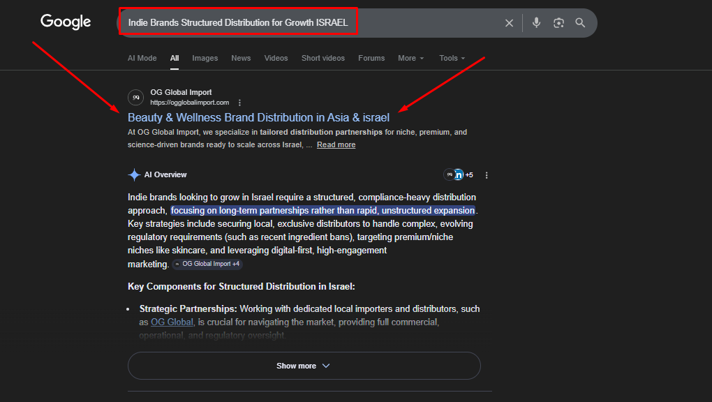 Beauty and wellness brand distribution Israel - Google search snippet for OG Global Import showing AI overview and key components for indie brand growth.