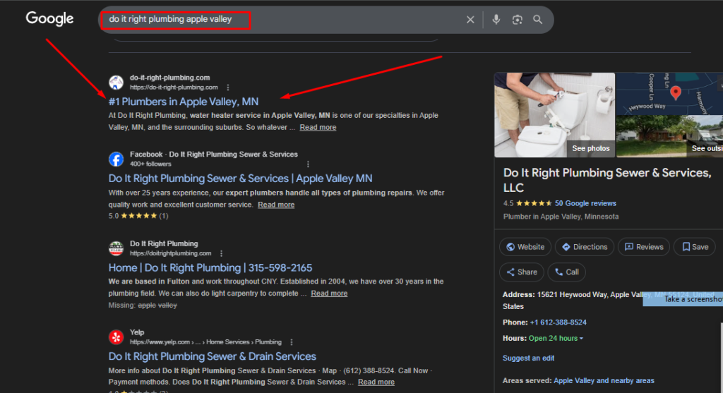 Google search results for Do It Right Plumbing in Apple Valley MN showing top ranking and 5-star reviews.