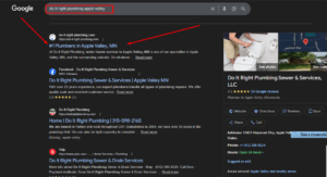 Google search results for Do It Right Plumbing in Apple Valley MN showing top ranking and 5-star reviews.