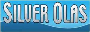 Silver Olas company logo with silver metallic lettering against a blue wave background.