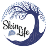 Skin for Life brand logo featuring a stylized blue tree with heart-shaped leaves.