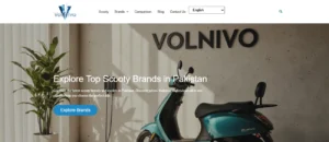 Volnivo website homepage featuring the header 'Explore Top Scooty Brands in Pakistan' with an electric scooter and modern interior background.