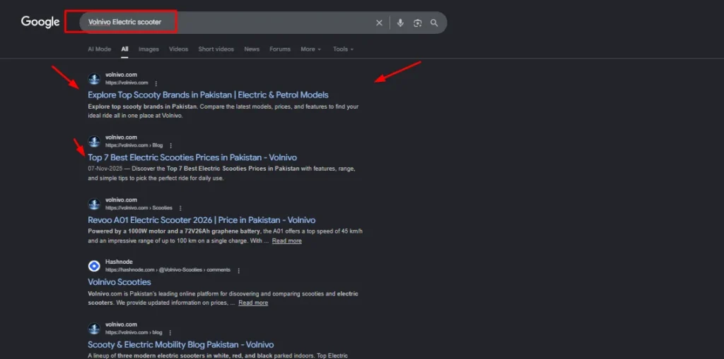 Google search results showing Volnivo electric scooter rankings and top scooty brands in Pakistan.