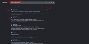 Google search results showing Volnivo electric scooter rankings and top scooty brands in Pakistan.