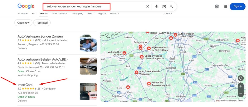 Imex Cars homepage featuring 'Sell my car for the highest price' service with a 2-hour fast processing guarantee in Belgium.