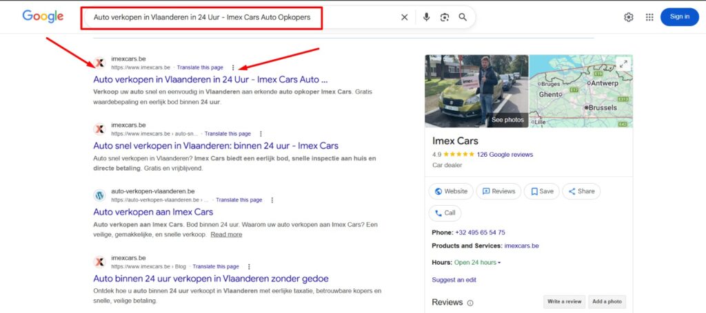 Imex Cars homepage featuring 'Sell my car for the highest price' service with a 2-hour fast processing guarantee in Belgium.