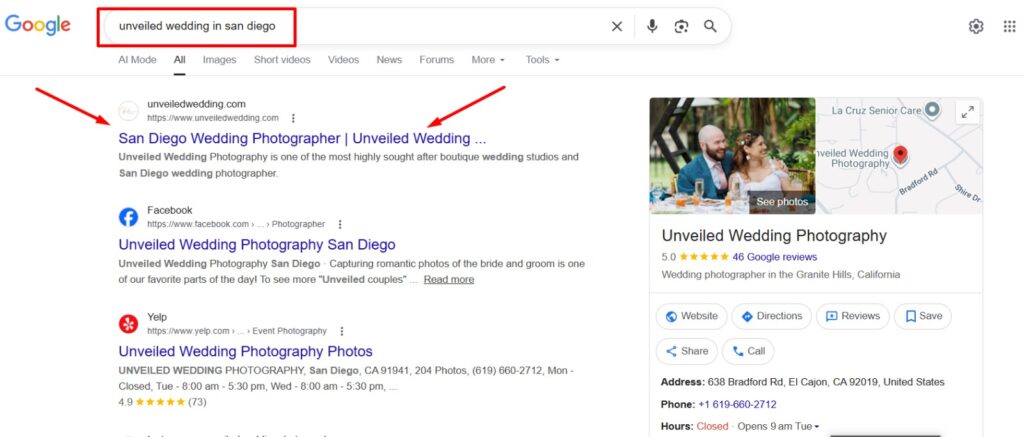 Google search results for "Unveiled Wedding in San Diego" showing top ranking and 5.0-star rating for Unveiled Wedding Photography.