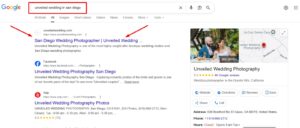 Google search results for "Unveiled Wedding in San Diego" showing top ranking and 5.0-star rating for Unveiled Wedding Photography.