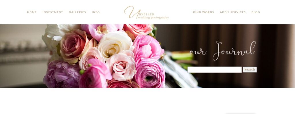 Unveiled Wedding Photography banner featuring a beautiful pink and white rose bouquet for wedding inspiration.