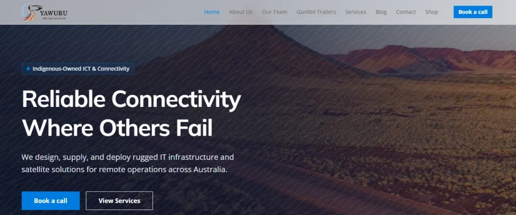 Yawuru Technology Group homepage featuring a remote Australian landscape with reliable ICT and satellite connectivity solutions text.