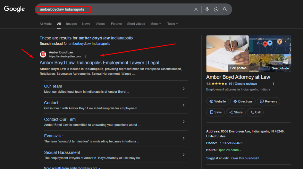 A screenshot of Google search results for 'amberboydlaw Indianapolis.' The page shows the official website for Amber Boyd Law, an employment lawyer, along with a Google Business Profile on the right featuring a 4.6-star rating, 101 reviews, and the office address at 8506 Evergreen Ave, Indianapolis.