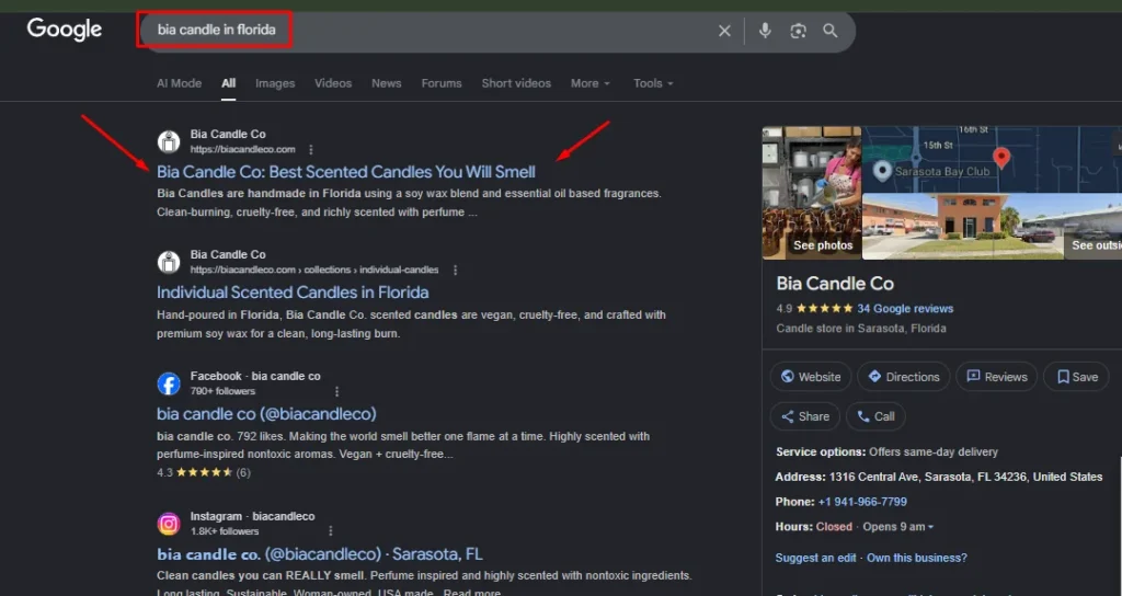 Bia Candle Co. Google Search results showing handmade scented soy candles in Sarasota, Florida.