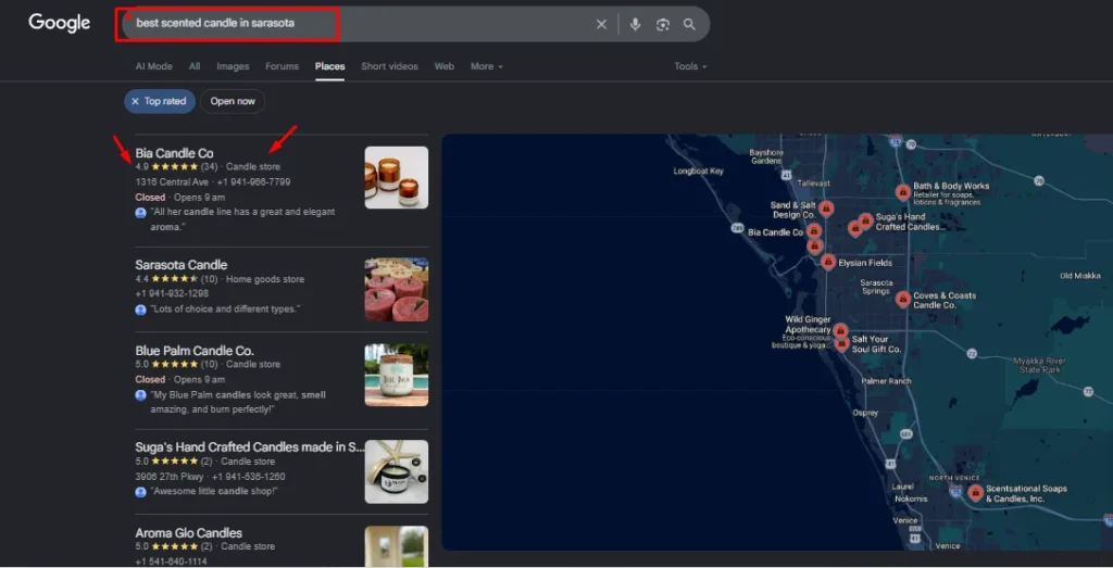 Google Maps local search results for best scented candle in Sarasota, Florida, showing top-rated Bia Candle Co listing.