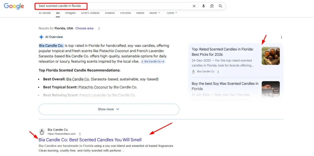 Google search results for best scented candles in Florida showing Bia Candle Co as the top-rated handcrafted soy wax candle brand in Sarasota.
