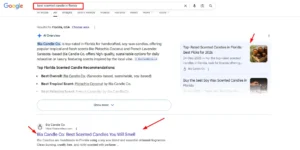 Google search results for best scented candles in Florida showing Bia Candle Co as the top-rated handcrafted soy wax candle brand in Sarasota.